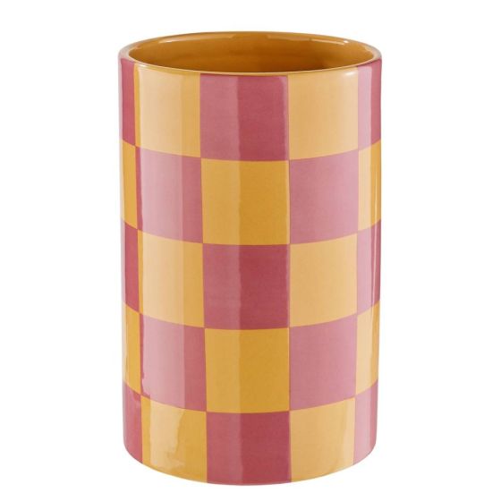 CHECKER - βάζο κεραμικό Υ22cm, κίτρινο/ροζ