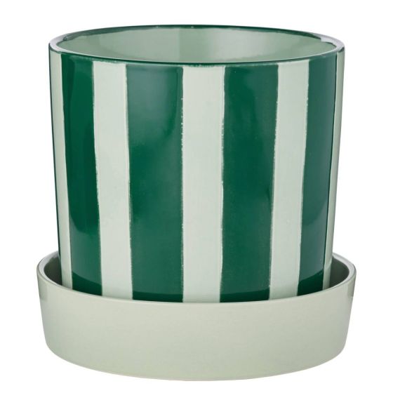 CIRCUS - κασπό ριγέ κεραμικό 20cm με πιατάκι, πράσινο