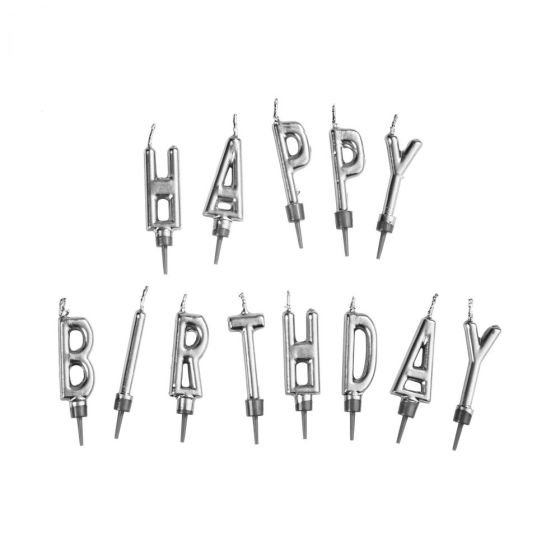 HAPPY BIRTHDAY - σετ κεριά, ασημί