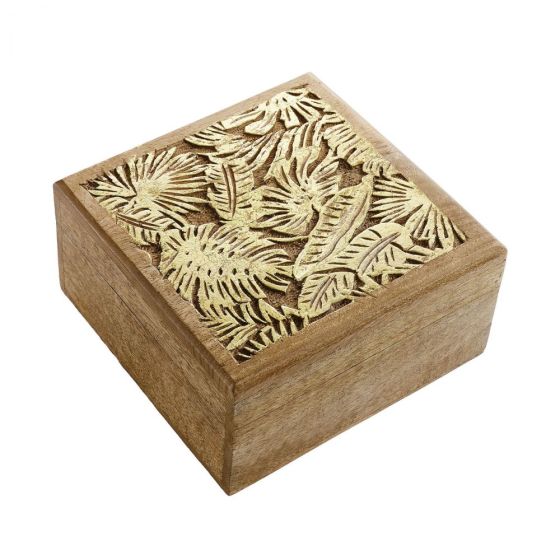 GOLDEN JUNGLE - τετράγωνο κουτί από ξύλο mango με σκαλιστό μοτίβο λουλουδιών, M