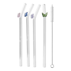 LONG DRINK - καλαμάκια γυάλινα με διακοσμητικές πεταλούδες, σετ 5 τμχ