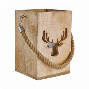 FOREST - φανάρι ξύλινο με διακόσμηση "ελάφι" H24cm