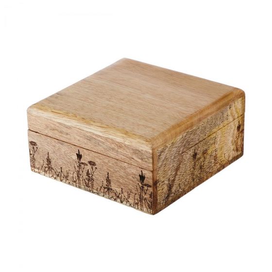 FLOWER BOX - τετράγωνο κουτί από ξύλο mango με σκαλιστό μοτίβο λουλουδιών, S