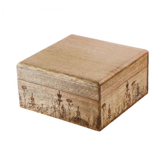 FLOWER BOX - τετράγωνο κουτί από ξύλο mango με σκαλιστό μοτίβο λουλουδιών, M
